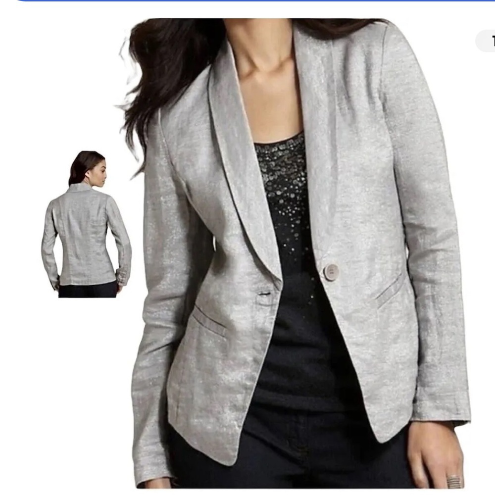 Eileen Fisher Linen Silver Twinkle S Jacket Pockets 1 Button Blazer Minimalist